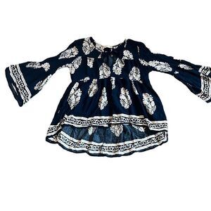 Altar'd State Blue Tan Boho Print Bell Sleeve‎ High Low Front Tie Top XS Flowy